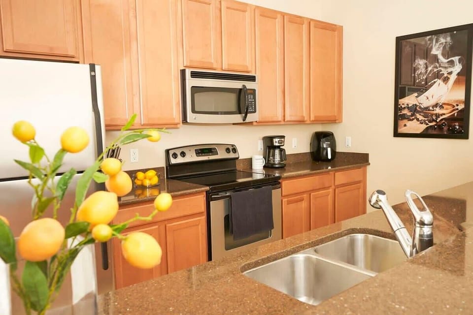 Well-equipped kitchen designed for home cooking.