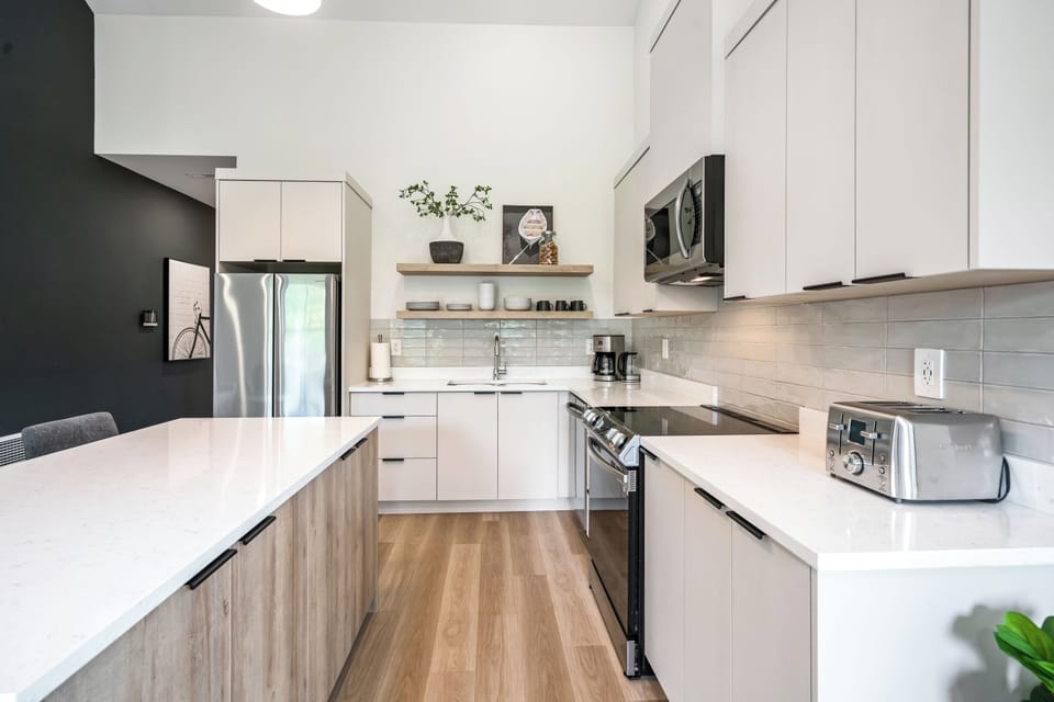 Great room with kitchen, living, dining