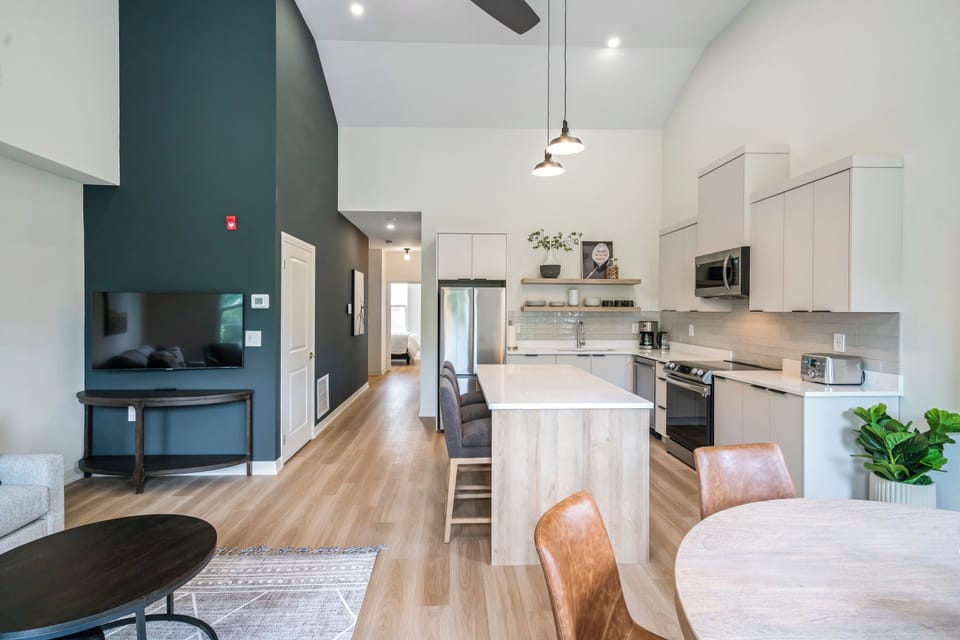 Great room with kitchen, living, dining