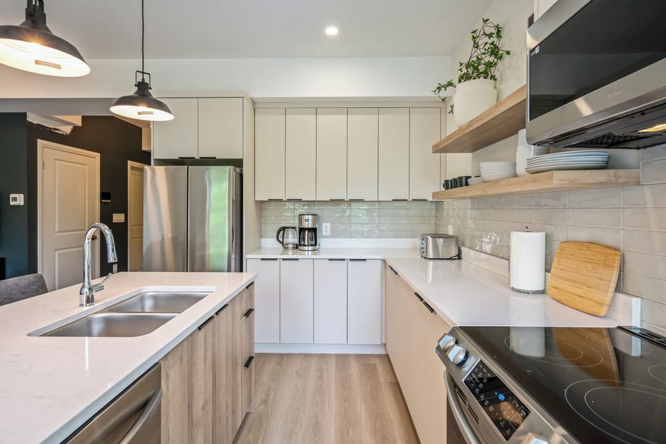 Kitchen sink and stove.