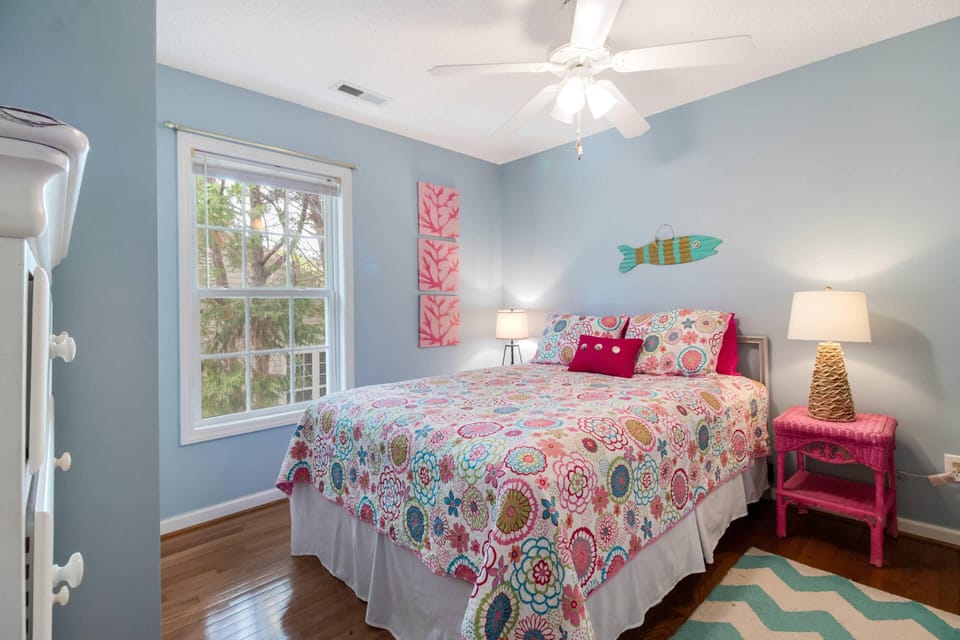 Bedroom #3 - Queen with Dresser / Closet for Unpacking. A Bright & Colorful Coastal Inspired Room.