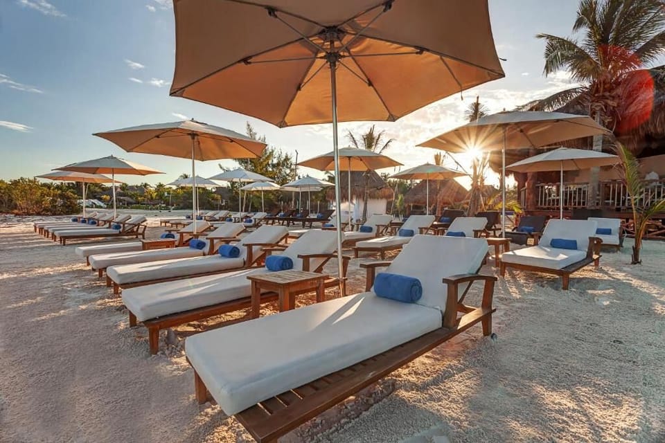 Stretch out on beachfront loungers as the sun melts down.