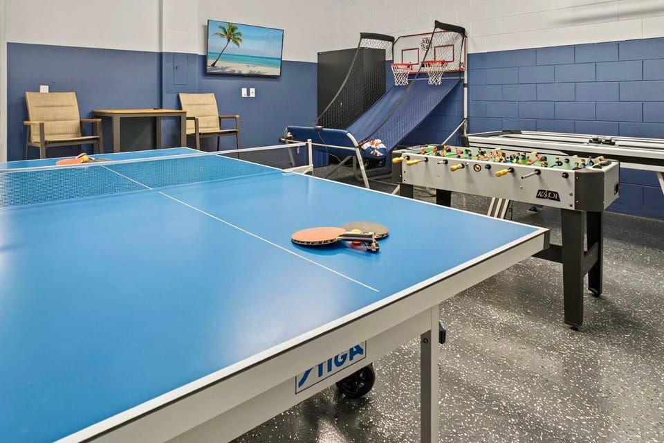 Table Tennis, Foosball, Basketball Game, Air Hockey and large TV