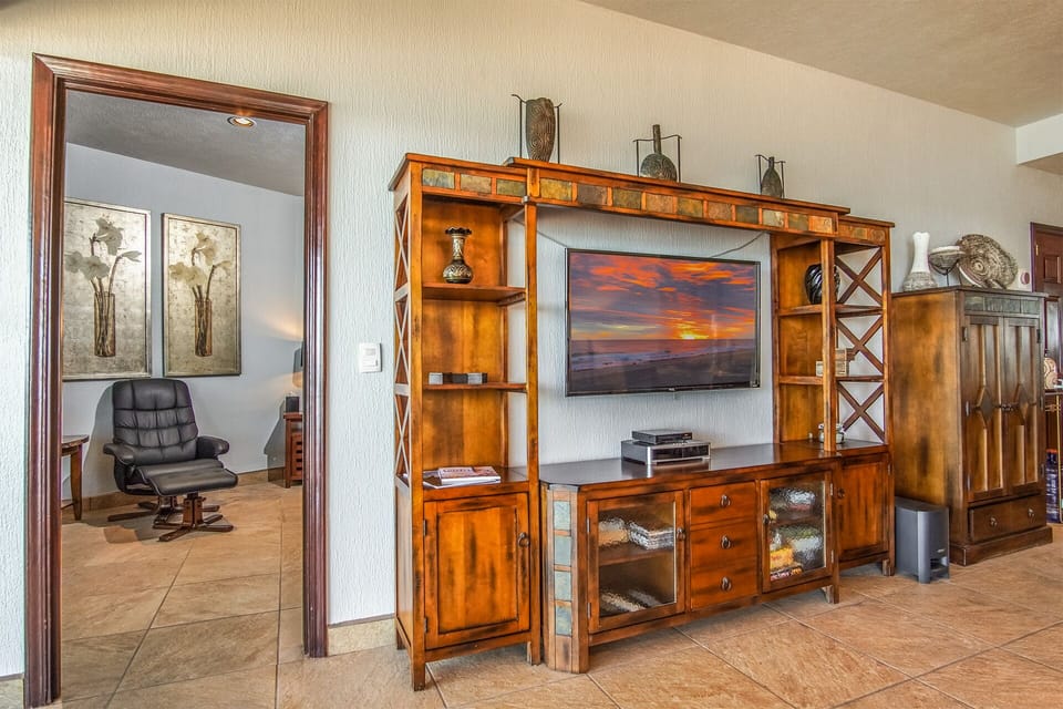 The entertainment center in the living room