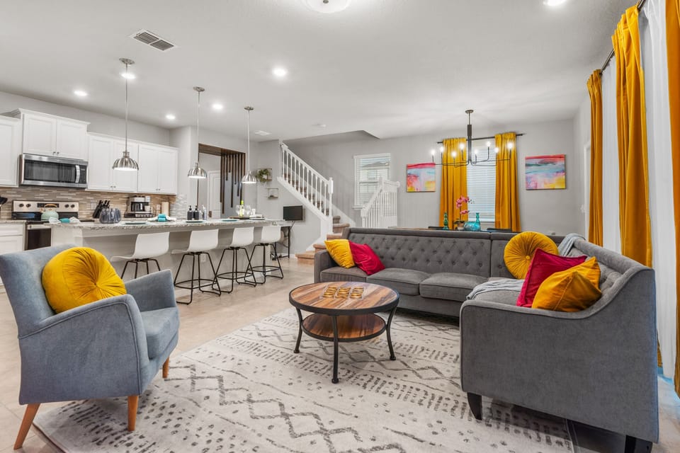 Downstairs has an open living room.