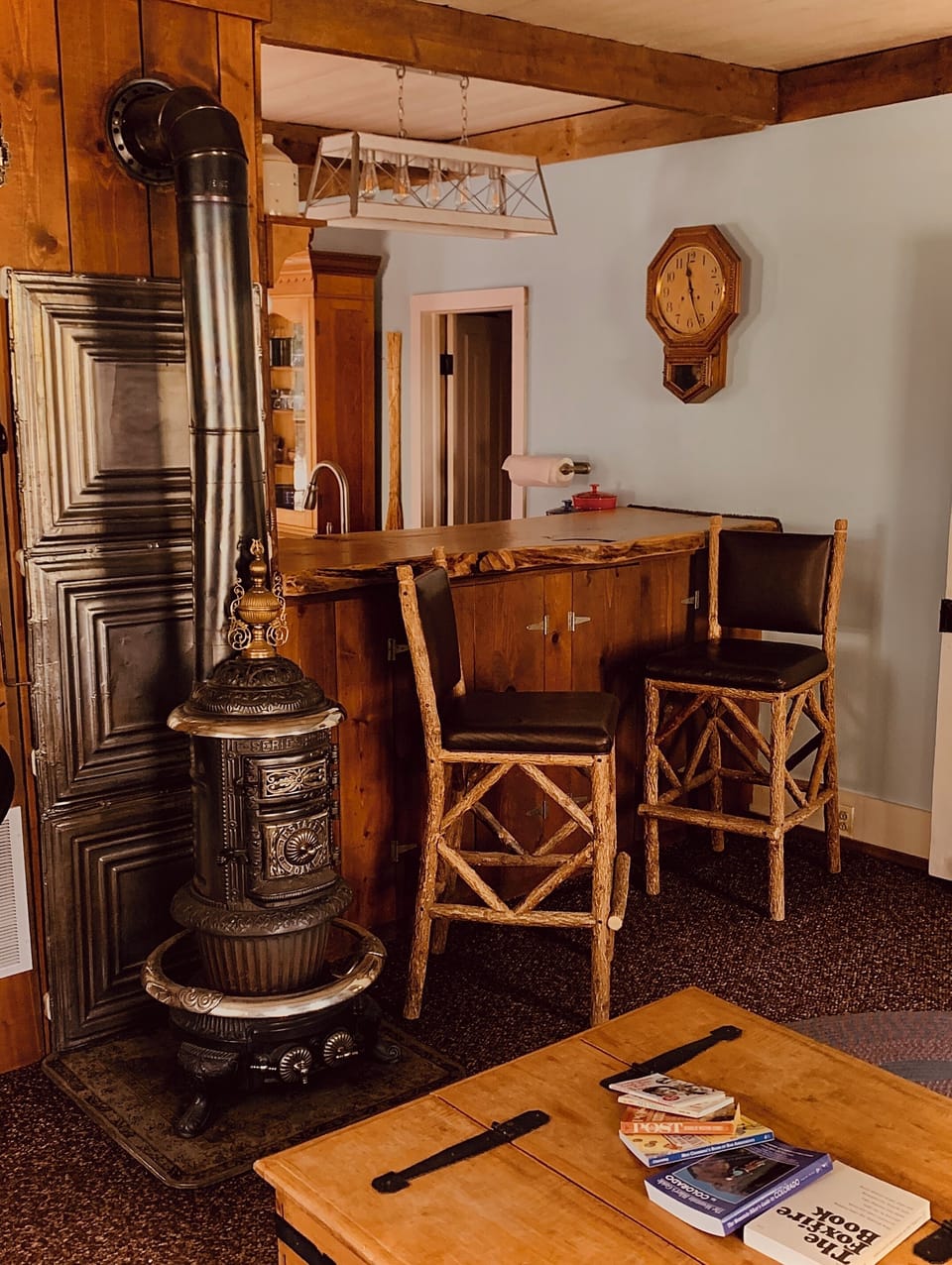 Slabwood bartop and hickory stools.