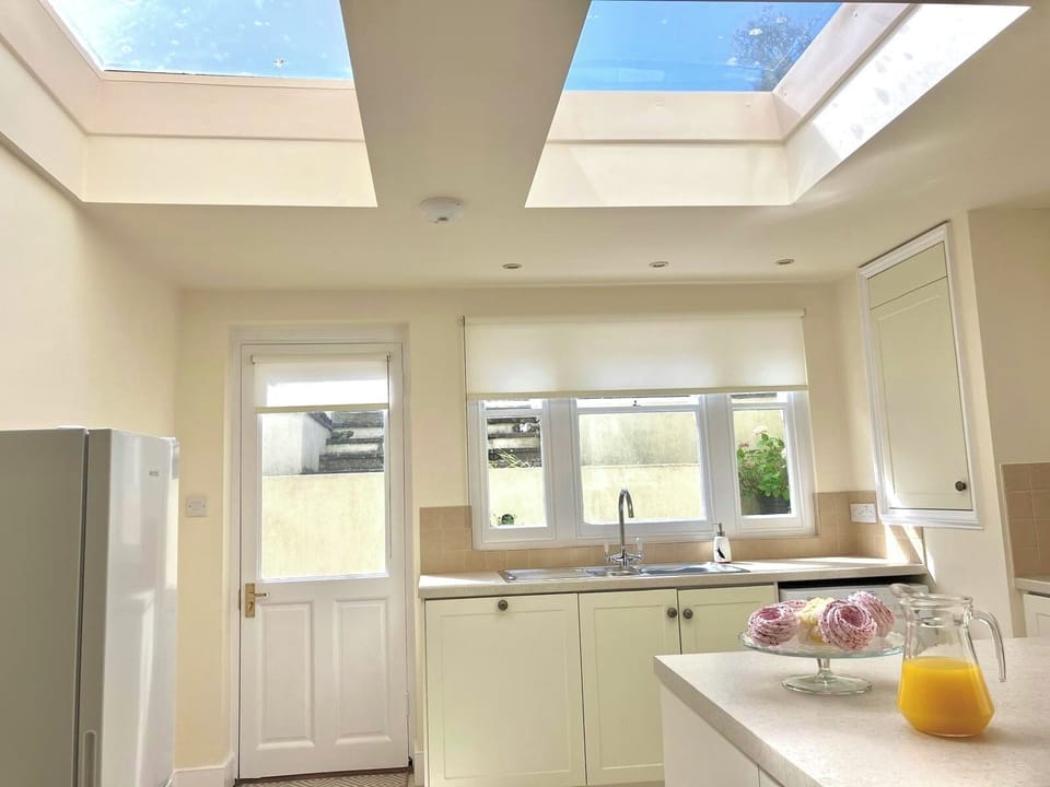 Light-filled kitchen with large skylights