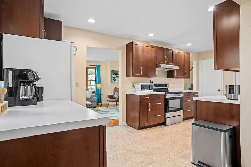 Off the living room is where our fully stocked kitchen is!