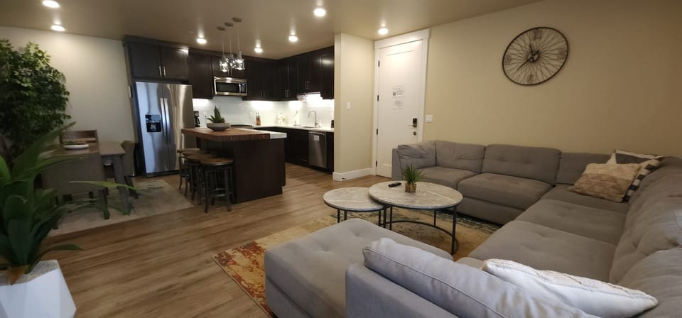 The living area opens seamlessly to the luxury kitchen.