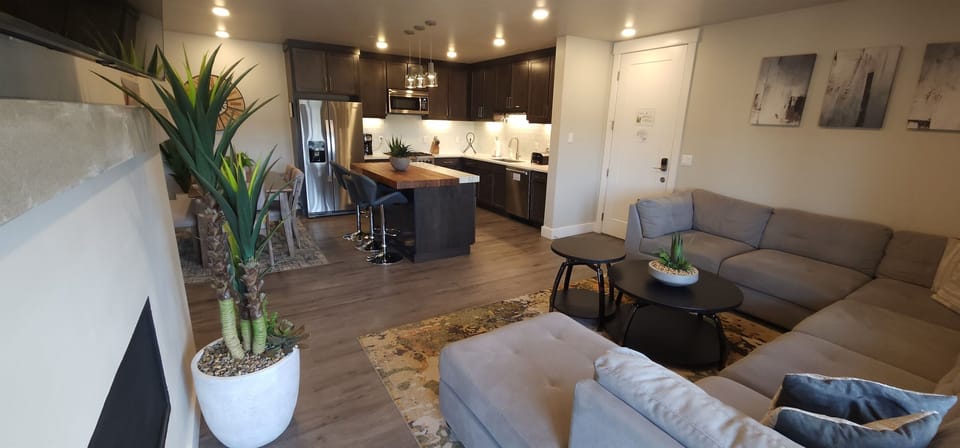 The living area opens seamlessly to the luxury kitchen.