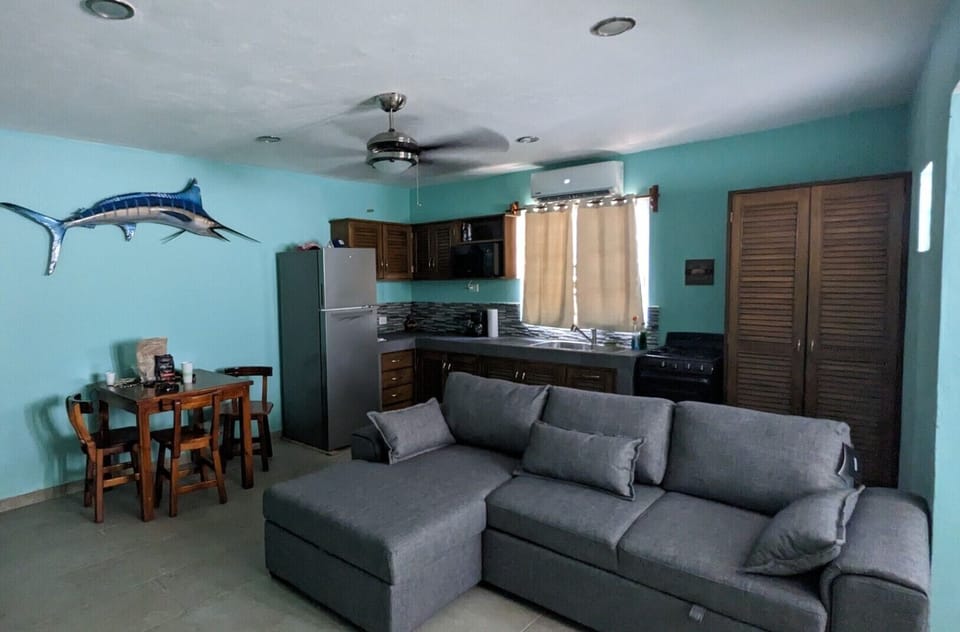 Living room and well appointed kitchen