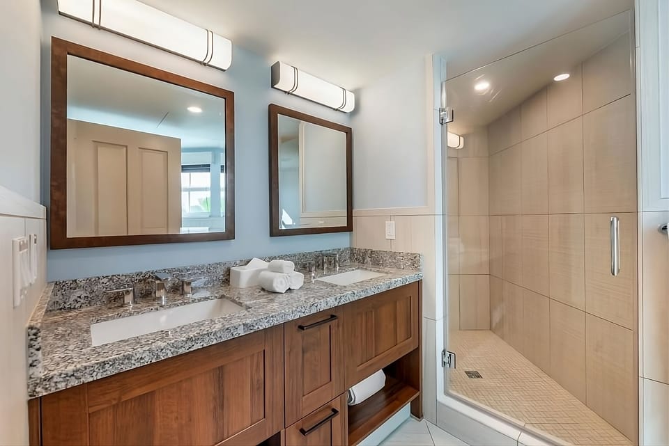Get ready with ease at a spacious double-sink vanity.