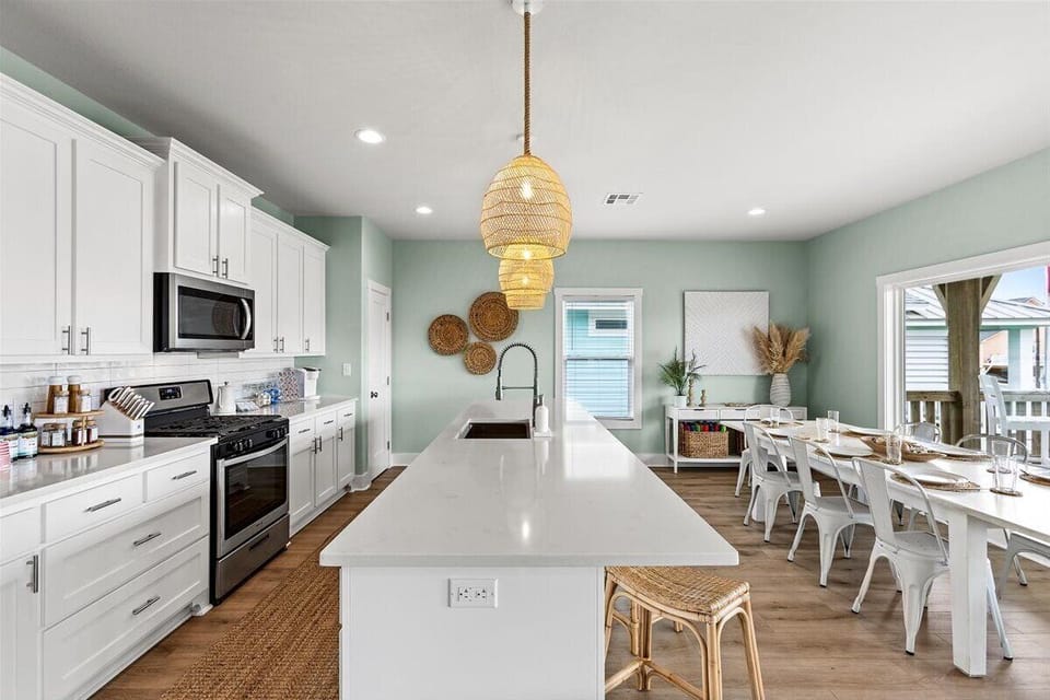 Oversized island and dining area