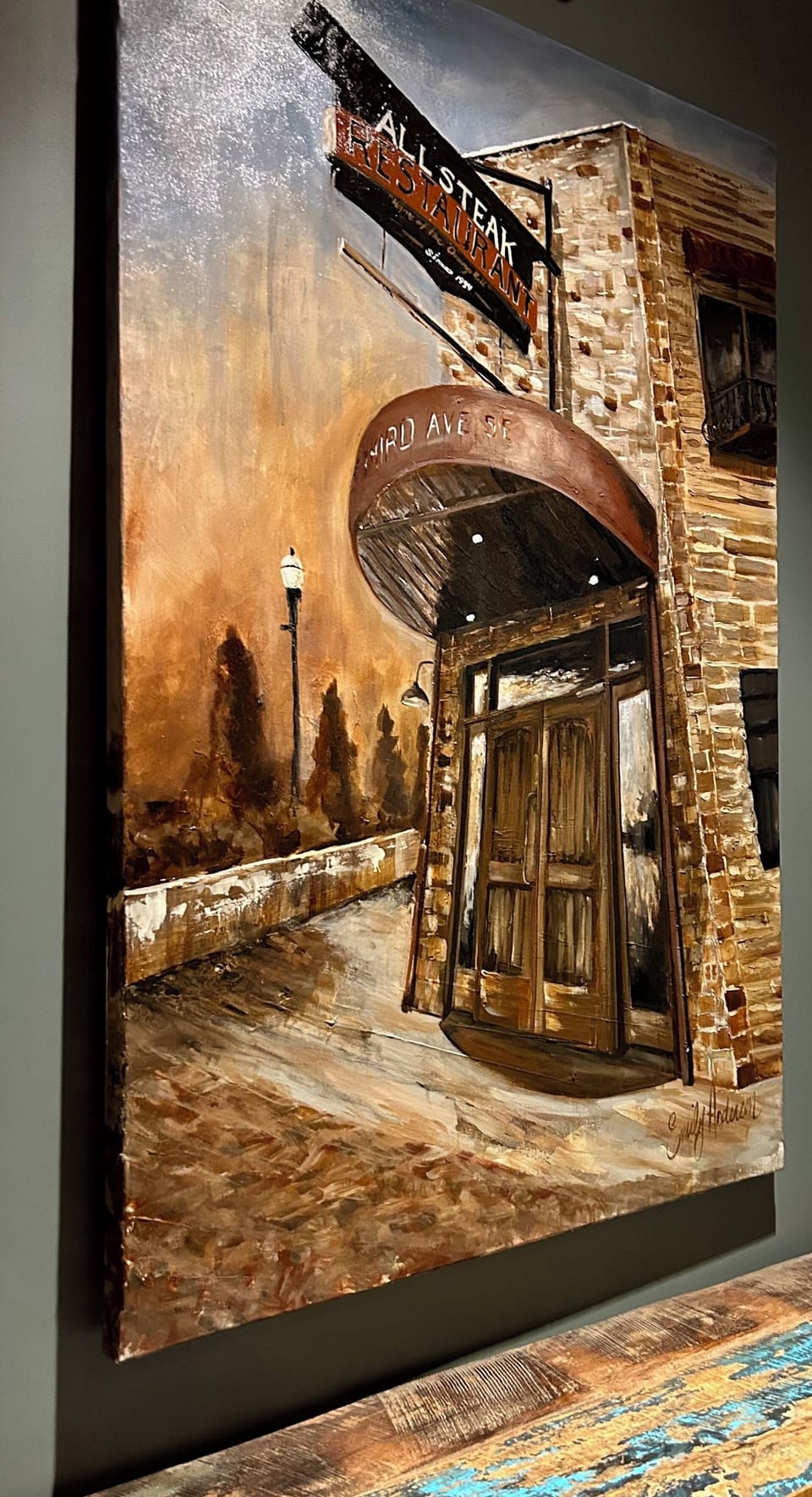 Painting of the All Steak entrance. Famous orange rolls only blocks away!