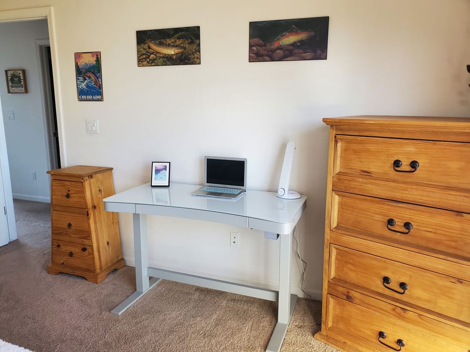 Desk is adjustable to 47" so you can sit or stand.  Dry erase desktop & USB port