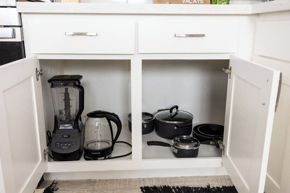 cookware, blender, pots and pans, water heater all included for your stay. 