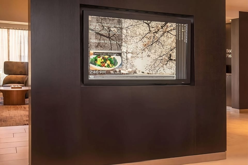 Catch up on news and updates in the stylish lobby.