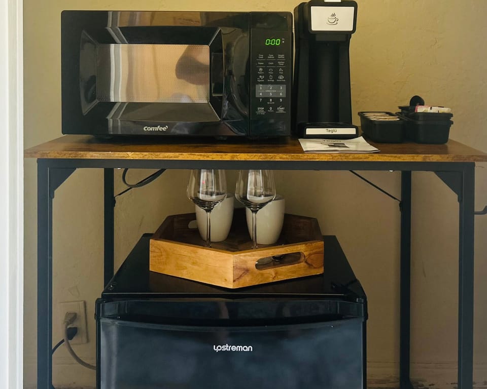 Microwave, Keurig, mini fridge