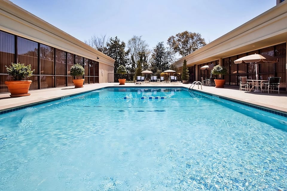 Dive into a sparkling outdoor pool framed by sunlit loungers.