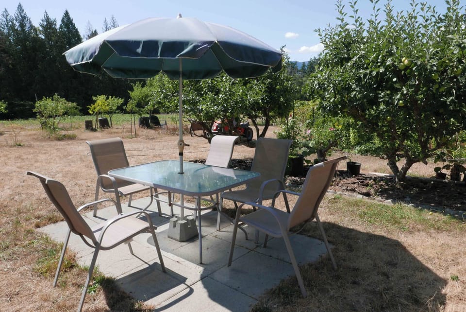 The picnic table and chairs are perfect for evening gathering and morning coffee