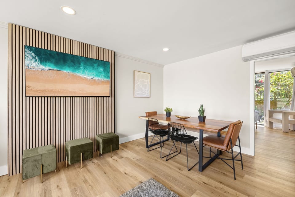 Downstairs, Large living room, dining table and walk
Out to golf course. 