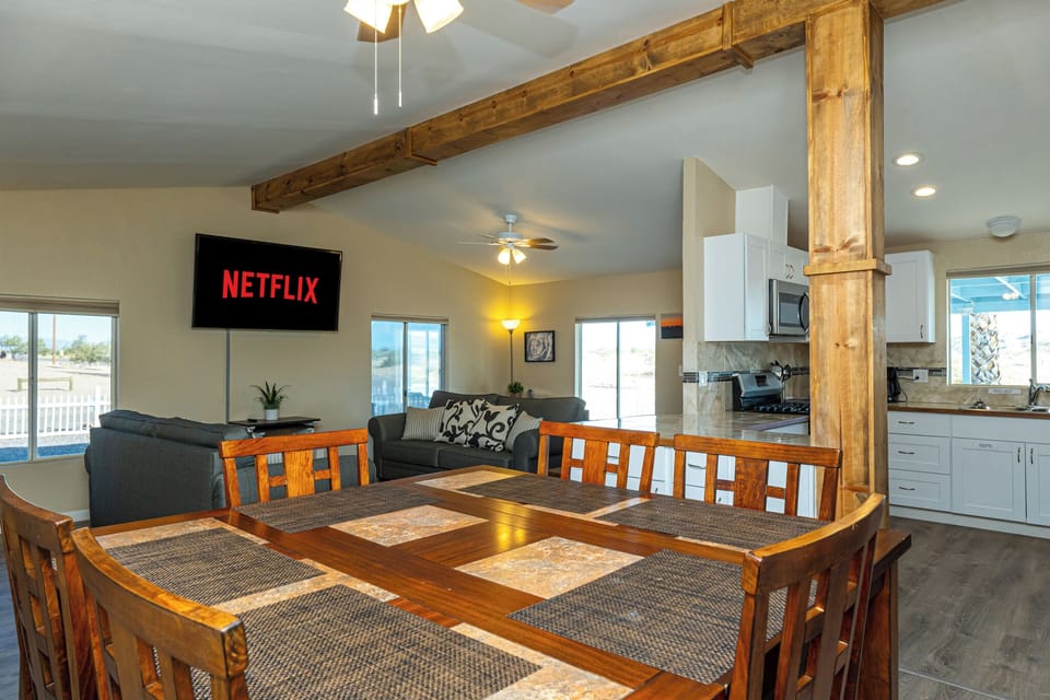 Bar-height seating for 8 to dine or play games