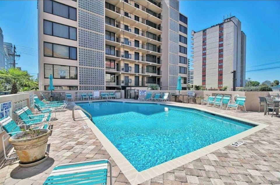 Enjoy an evening dip in this sparkling pool!