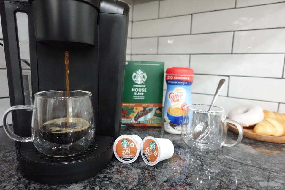 Start your day right w complimentary hot coffee, & creamer at your fingertips.