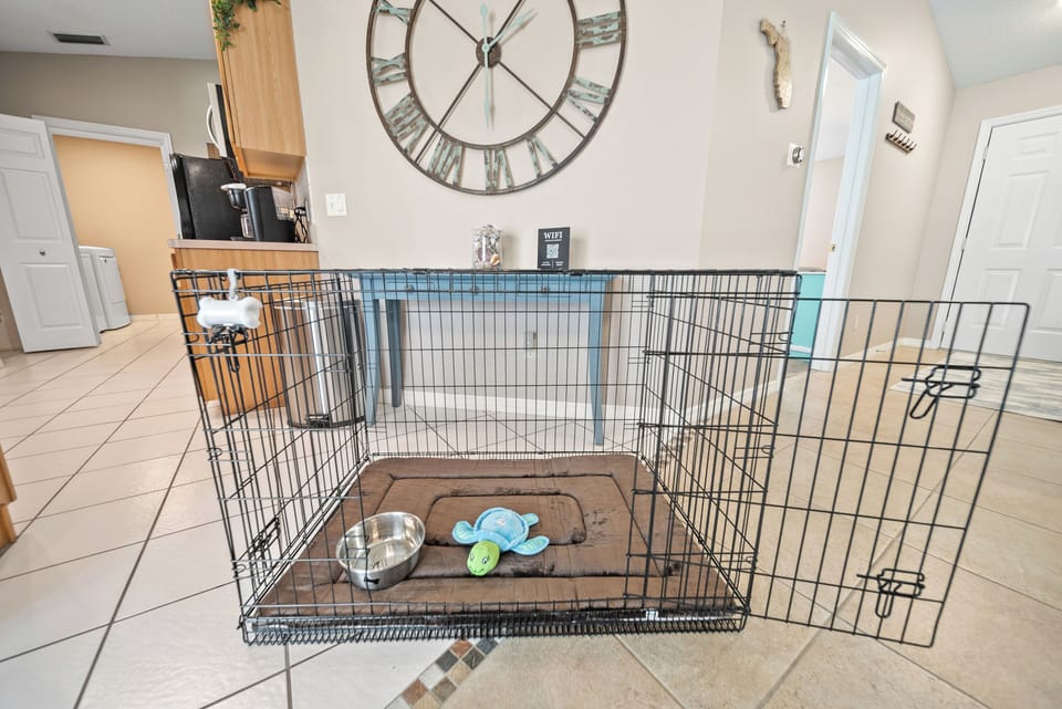 Crate, bowls, leash and dog waste bags provided.