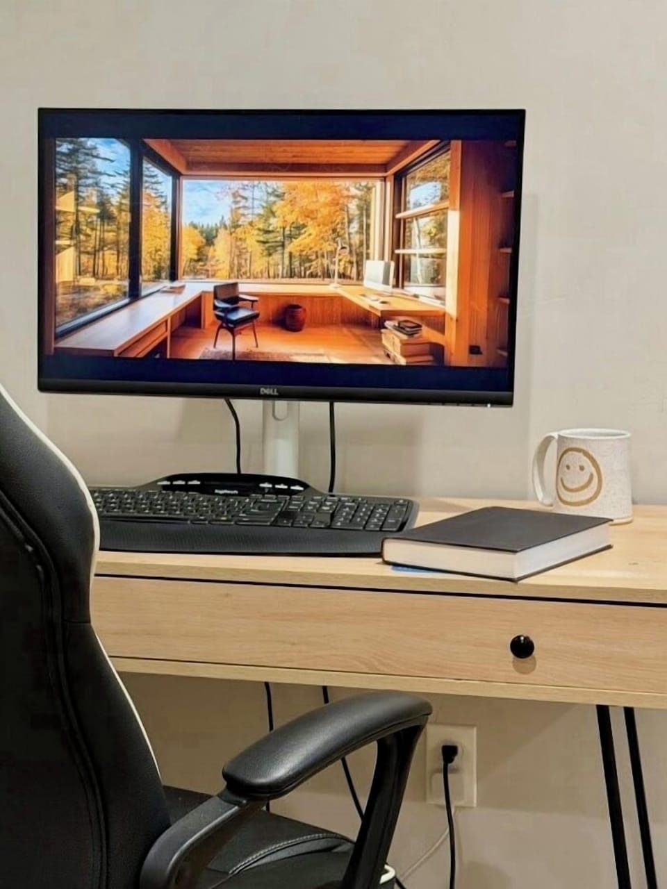 Work space with 27” USB-C monitor, keyboard, mouse and camera