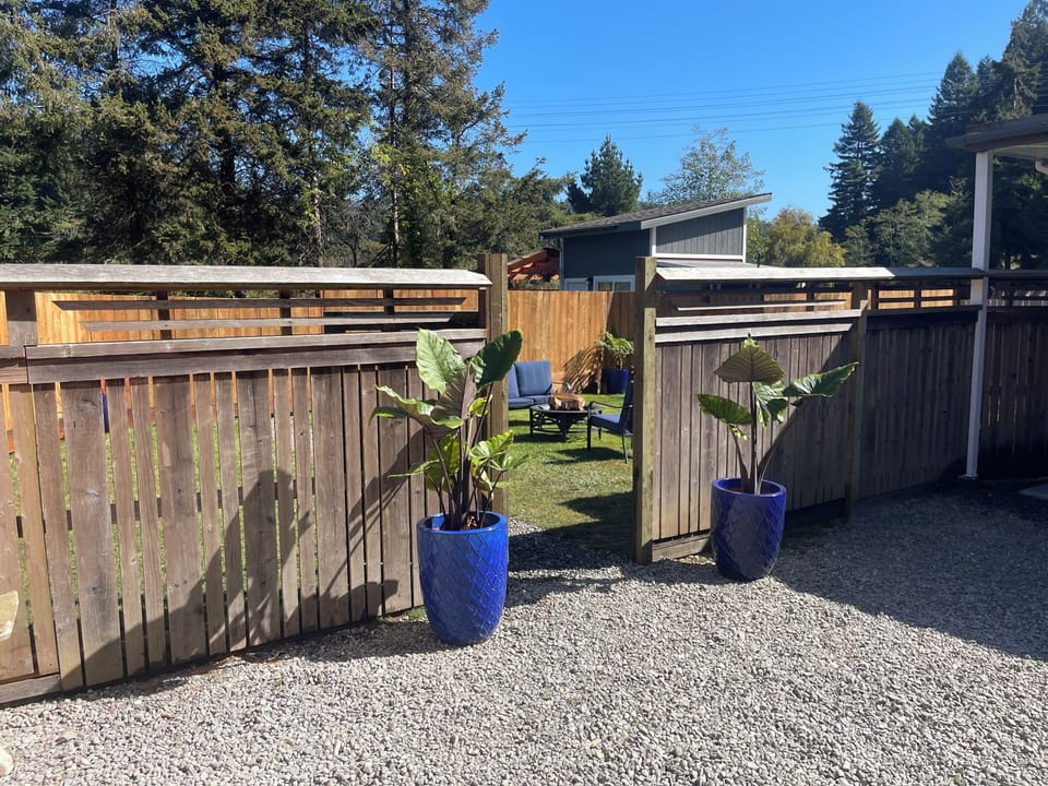 Nice big, fully fenced yard with fire pit and free firewood.