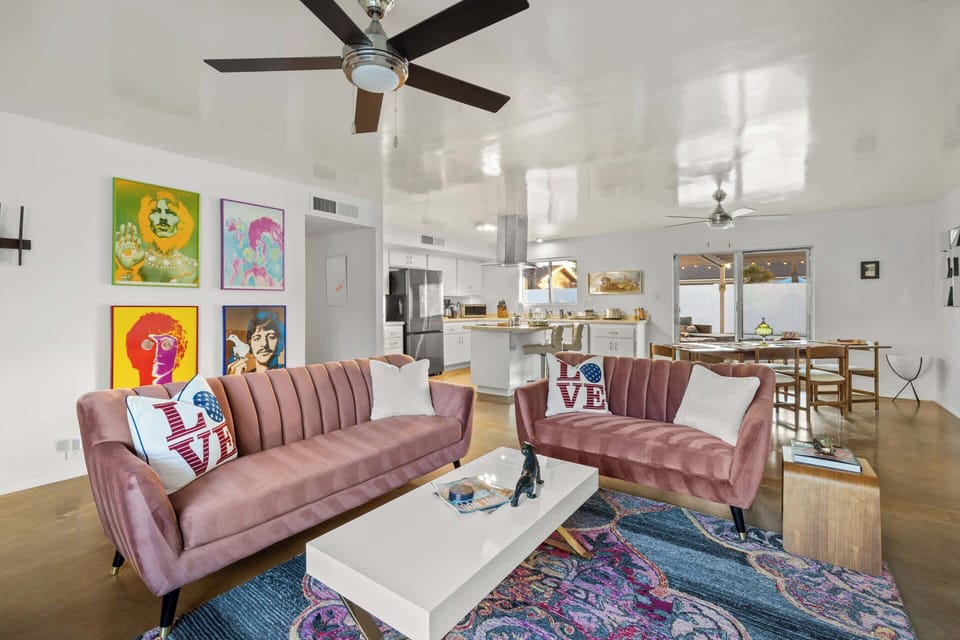 Retro living space, dining area, and kitchen