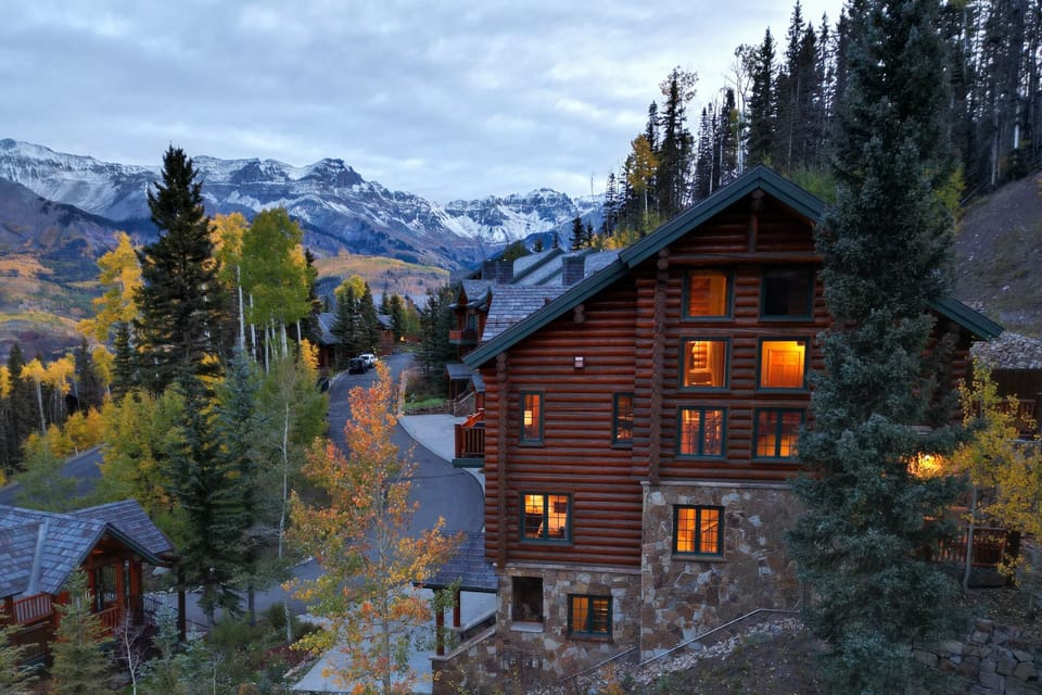 Northern view with snow capped mountains and fall colors. First Tracks is illuminated and located ON the Sundance ski run!