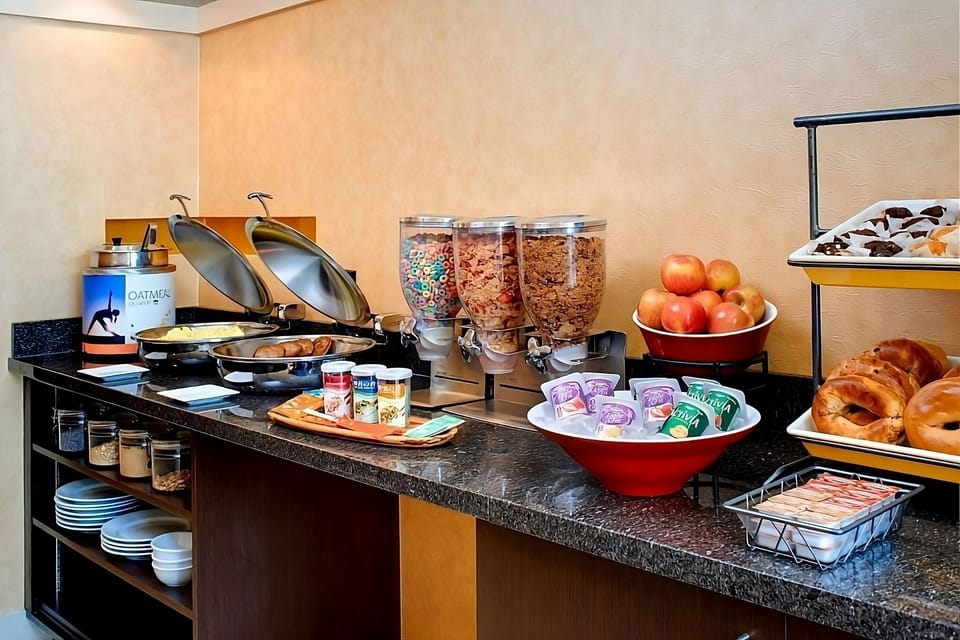 Start your morning with hearty breakfast options and fresh fruit.