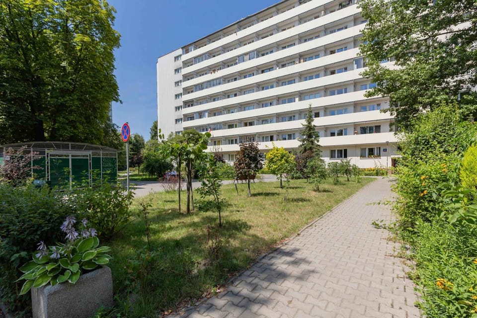 A pathway surrounded by greenery and trees, providing a serene outdoor space near the building.







