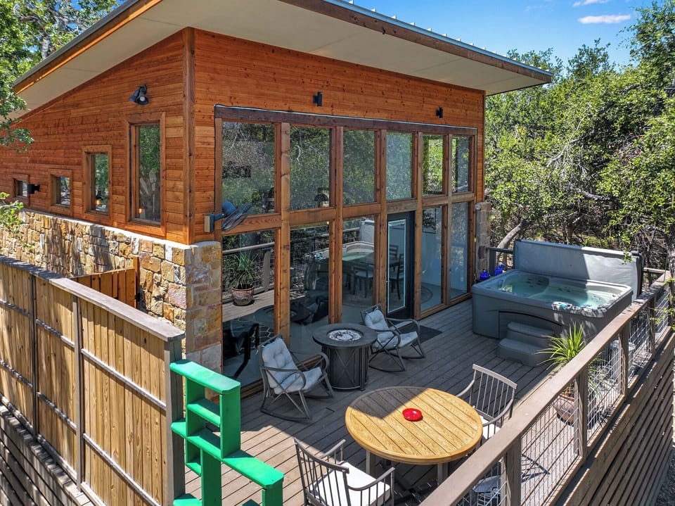 Aerial view of the front porch and entry to the Arbor Casita.