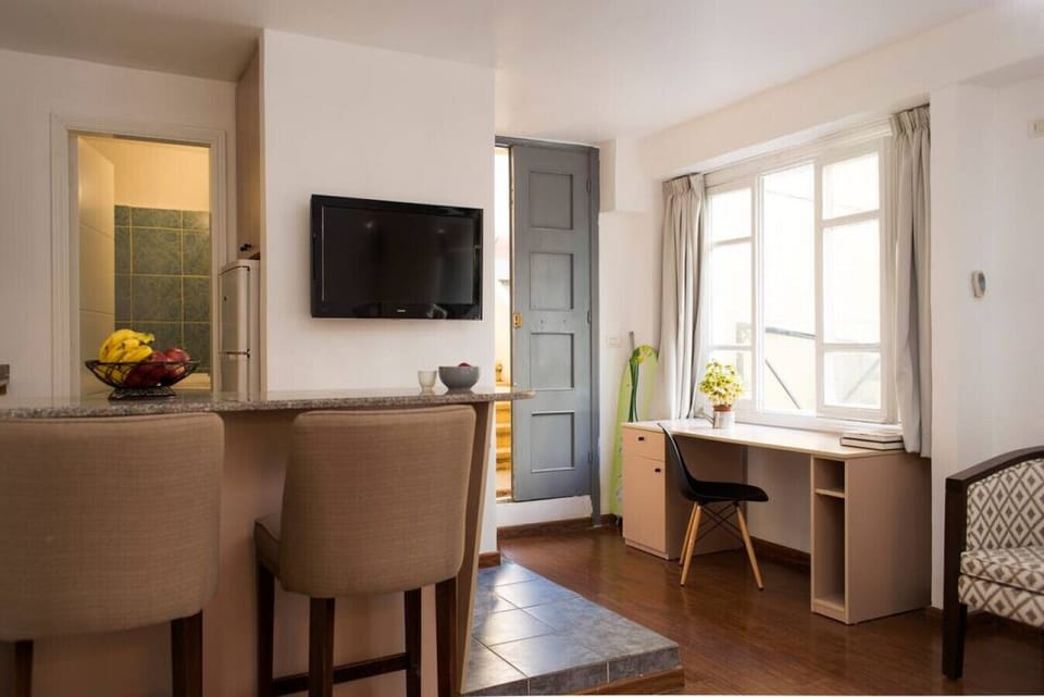 The bar perfectly subdivides the studio in two, with the kitchenette on one side and the bedroom/living room on the other.