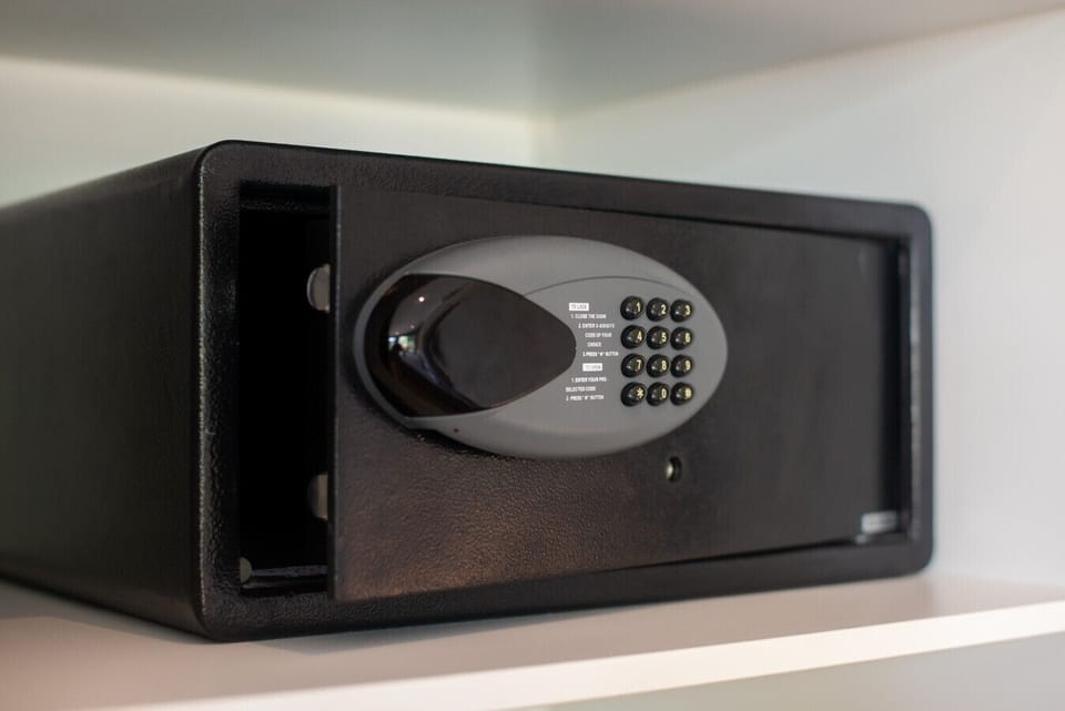 A secure electronic safe with a keypad, perfect for storing valuables.