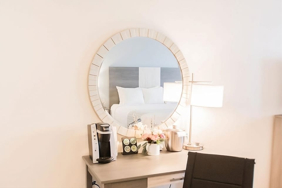 Settle in with morning coffee at this cozy work nook.