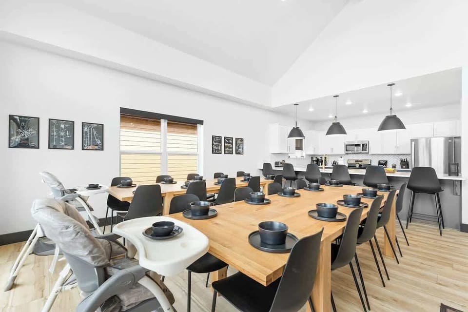 Dining room comfortably seats up to 25, with two high chairs available and kids dishware as well!