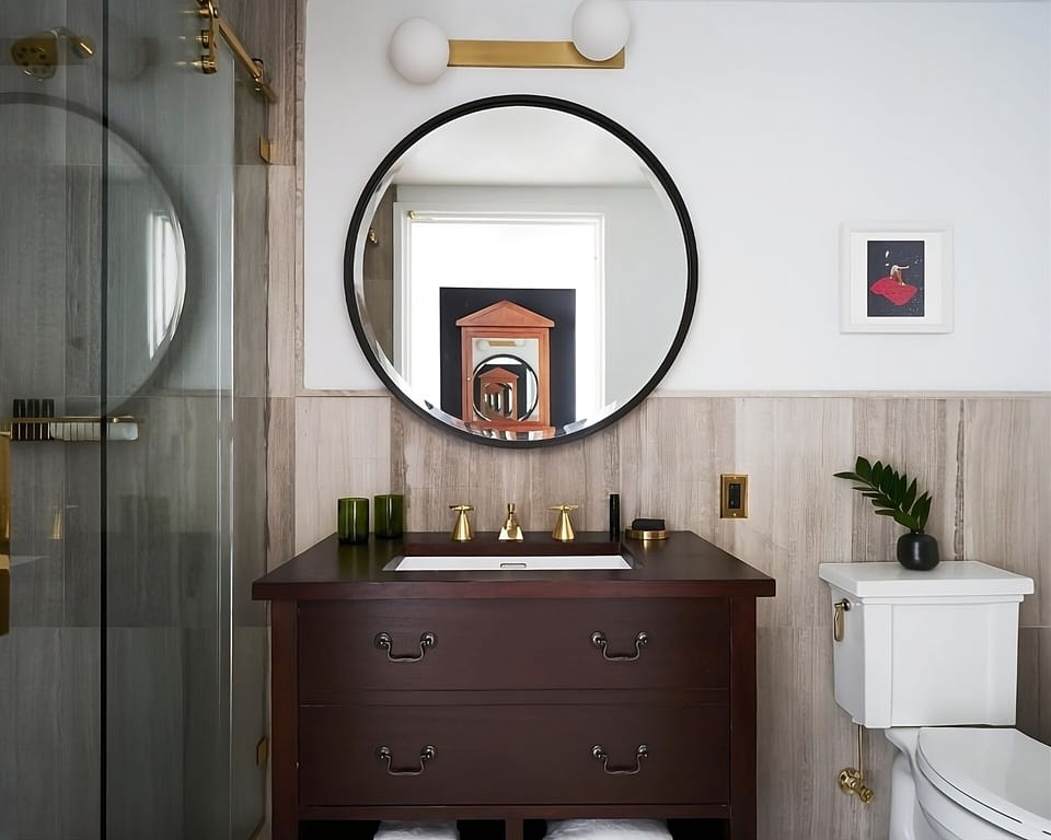 Refresh each morning with brass fixtures and spa-like vanity.
