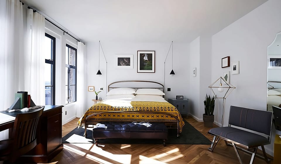 Wake up to bright city views in this airy bedroom.