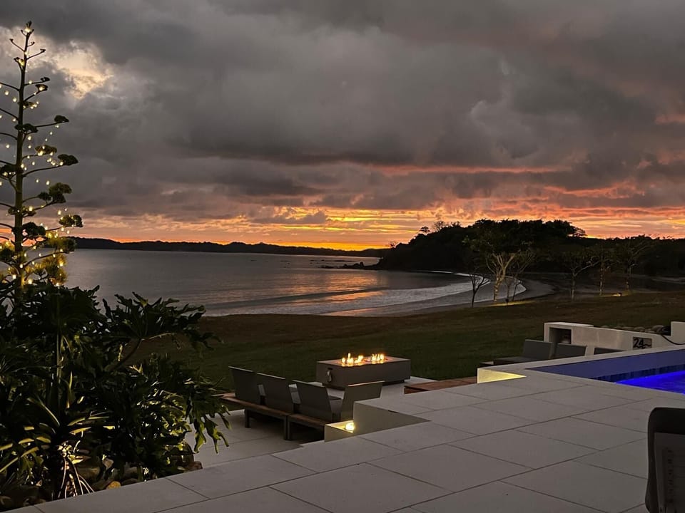 Lower Terrace at sunset with the gas fireplace on.
