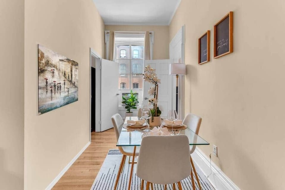 Dining area with window, natural light & seating