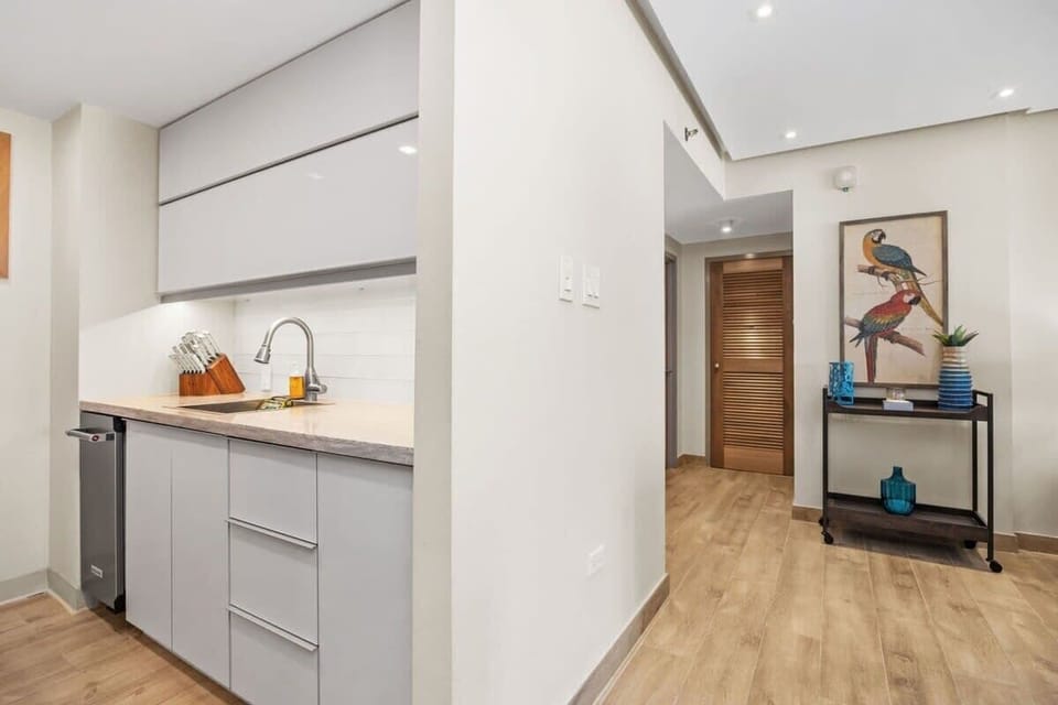 The renovated kitchen off the living and dining area