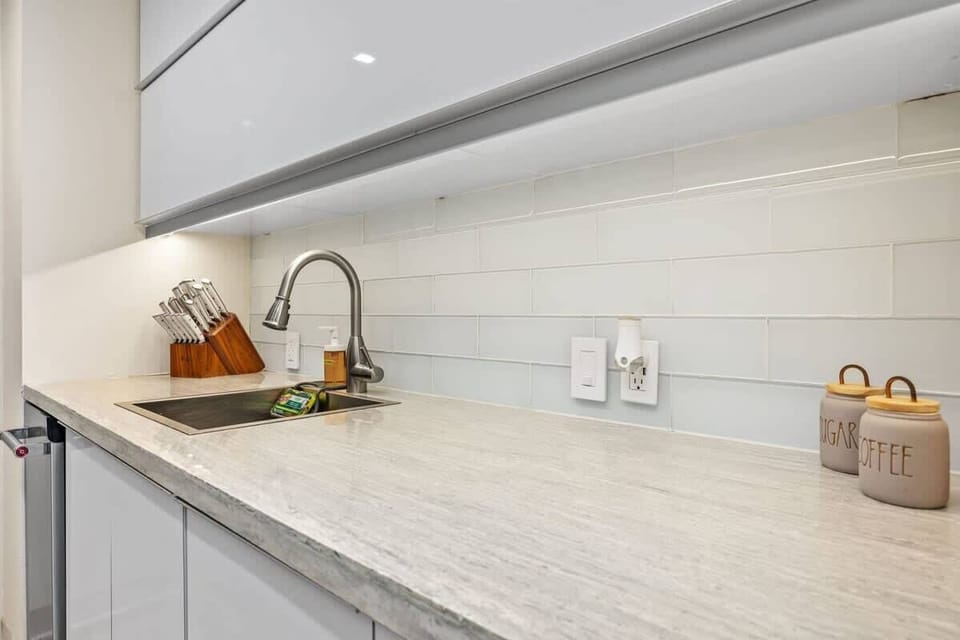 The renovated kitchen with an ice maker