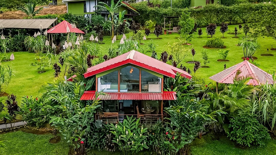 Birds Eye View of Cabin Exterior surrounded by beautiful gardens