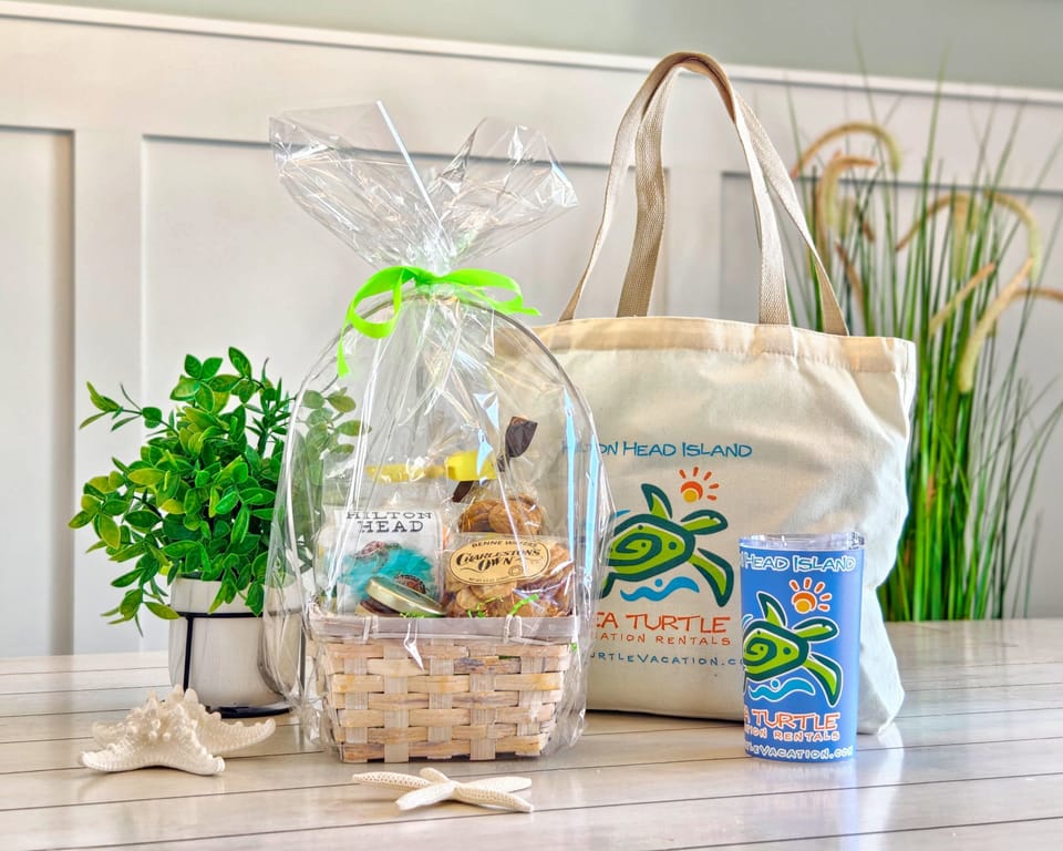 Gifts basket with local treats, branded beach bag, and a tumbler!