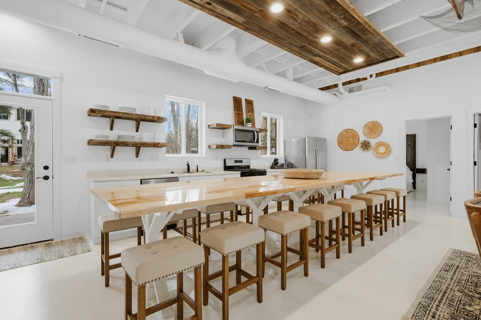 Kitchen area with large island.