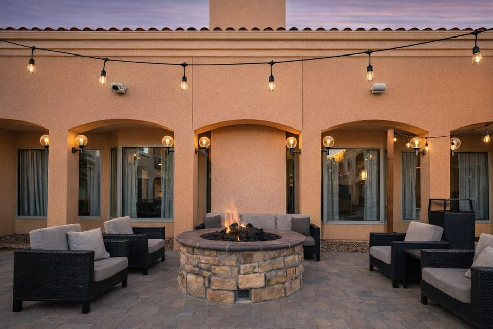 Gather around the glowing firepit for cozy evening conversations.